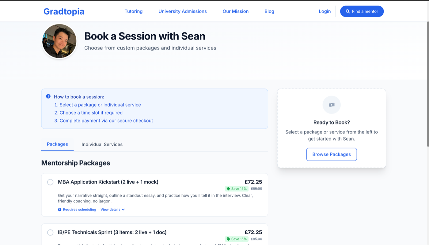 Gradtopia booking flow with packages and secure checkout
