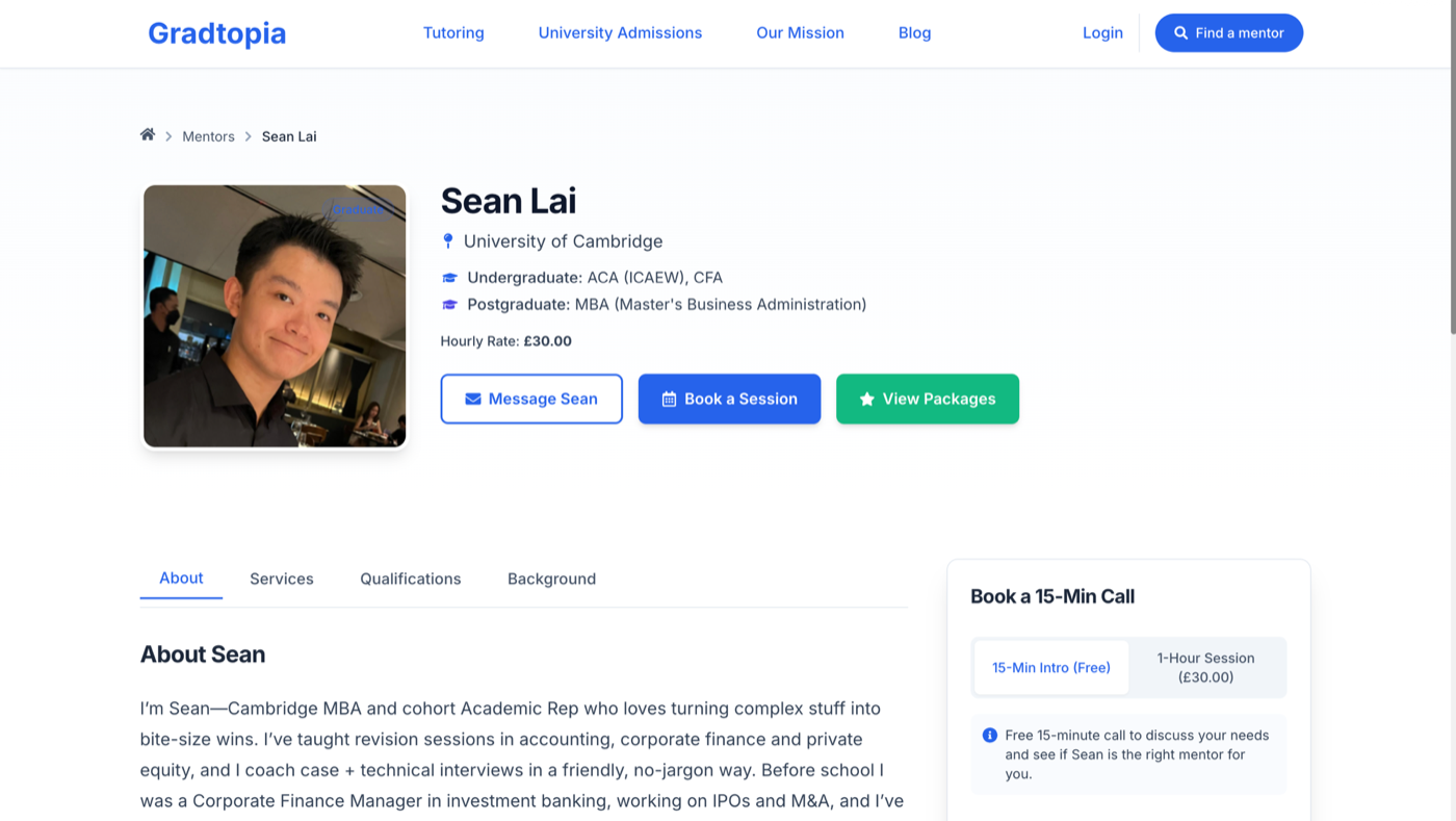 A Gradtopia mentor profile with booking and packages